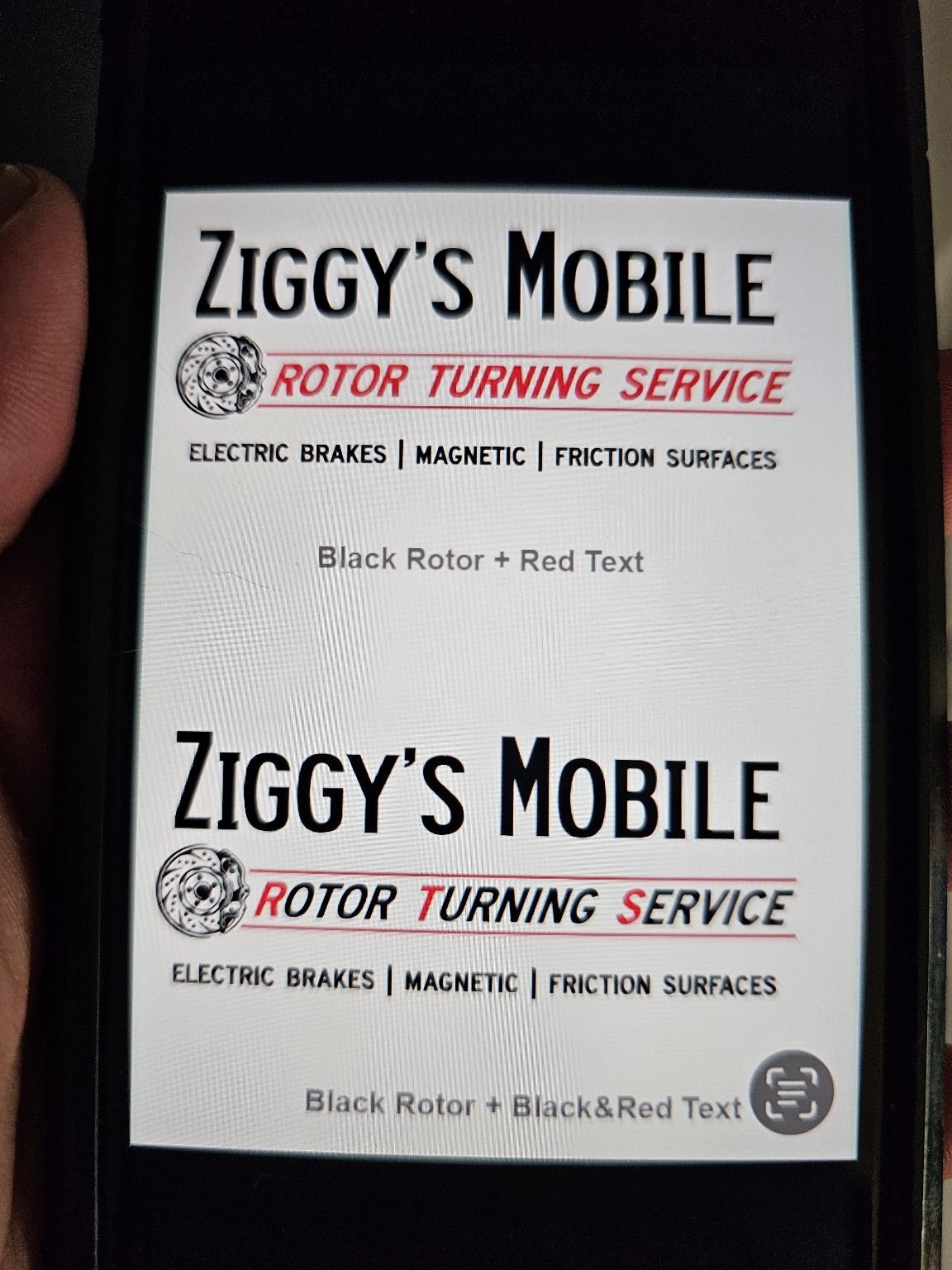 Original Ziggy's logo options photographed on a phone